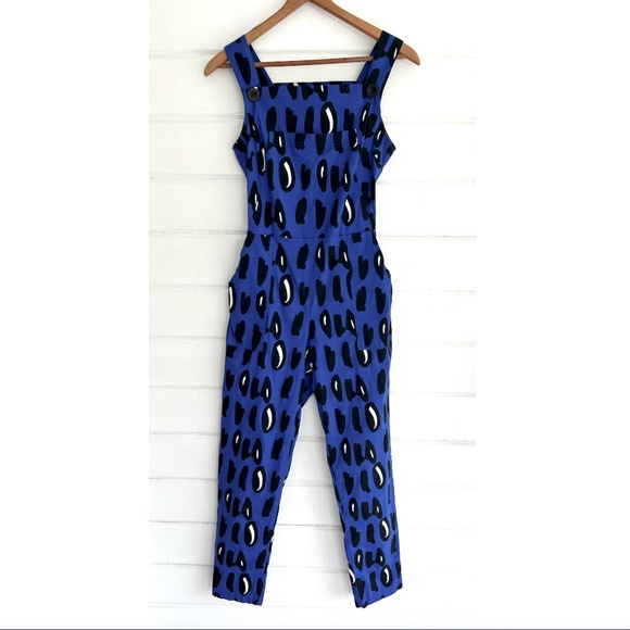 NOOWORKS Cotton Overalls with Stretch Waist in Blue Dot Print - S/ 4-6 - Picture 1 of 12